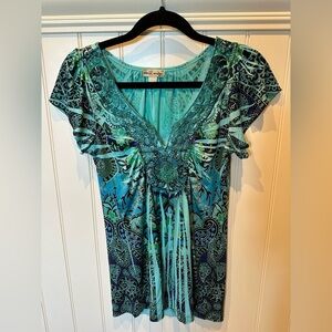 World Unity Ladies Women’s Size Small Aqua & Black Pattern Pajama Top Co…